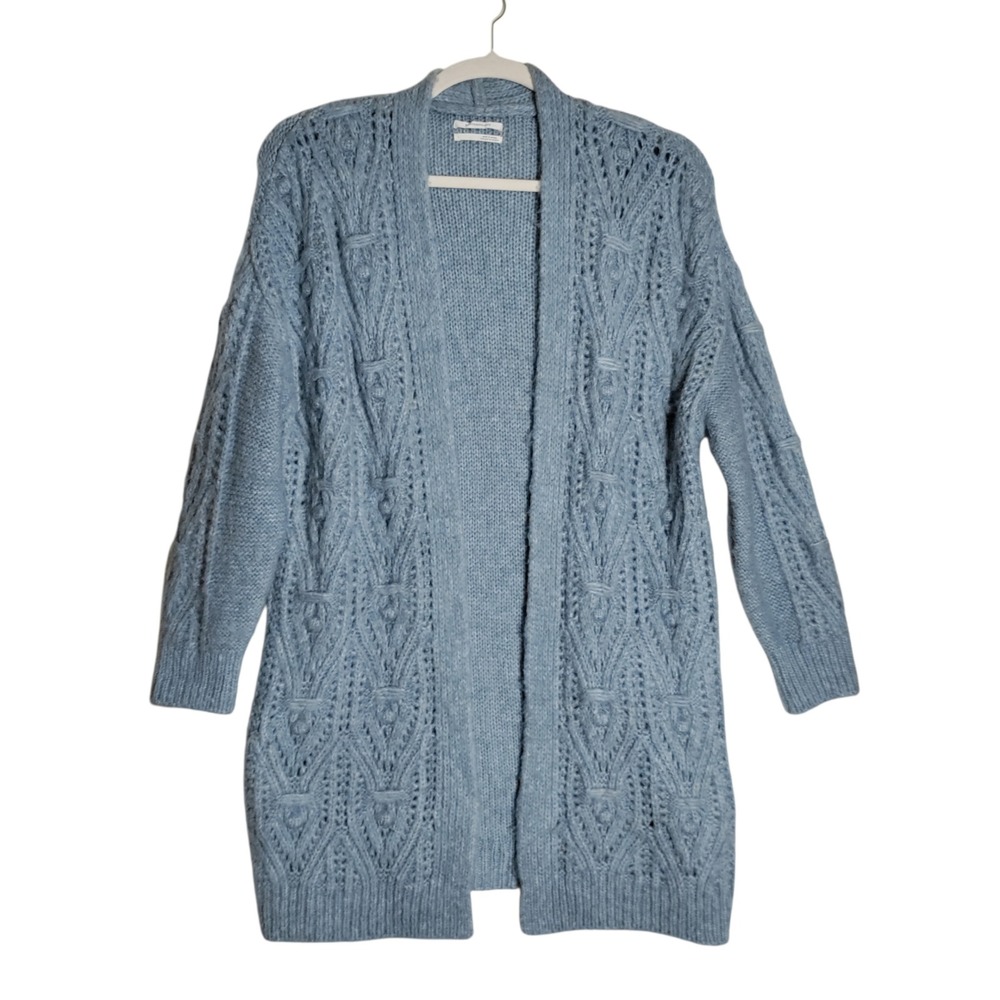 Anthropologie Blue Cable Knit Open Front Longline Cardigan Sweater Large